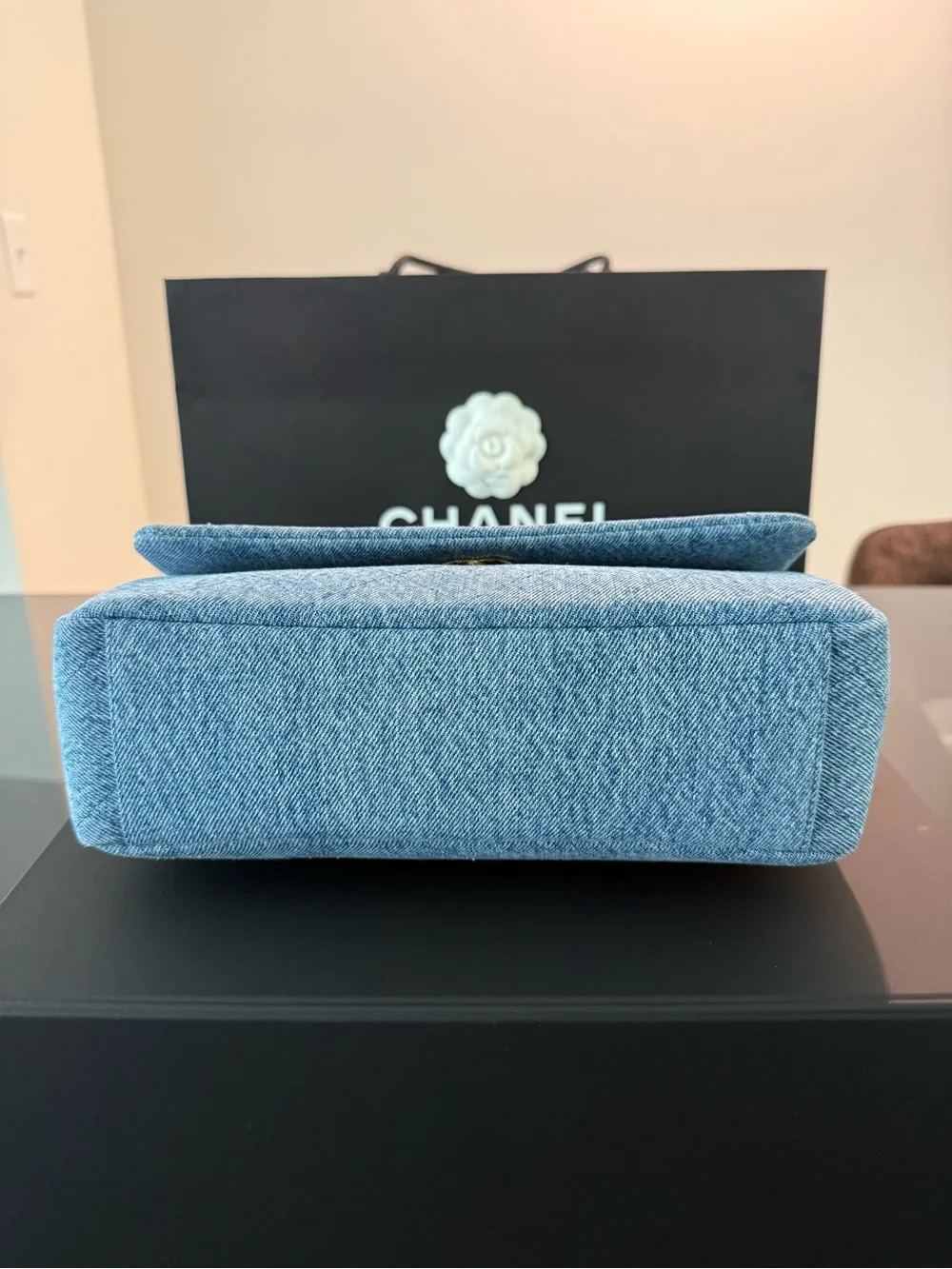 CHANEL Light Blue Denim Quilted Flap Shoulder Bag with Gold Hardware